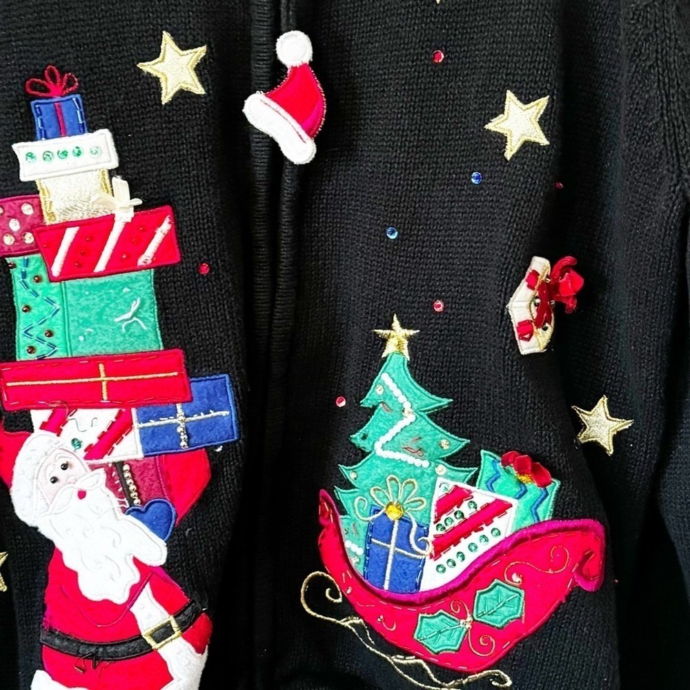 Vintage TIARA INTERNATIONAL Embroidered Zip Up Santa Clause Christmas Sweater LG - Picture 3 of 9